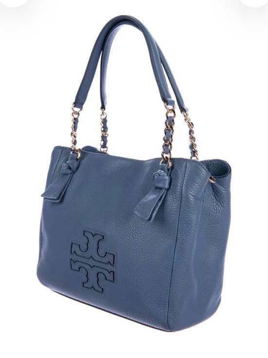 Tory Burch Handbags - NWOT Tory Burch Harper Pebbled Leather Shoulder Tote w/Chain Straps - Slate Blue